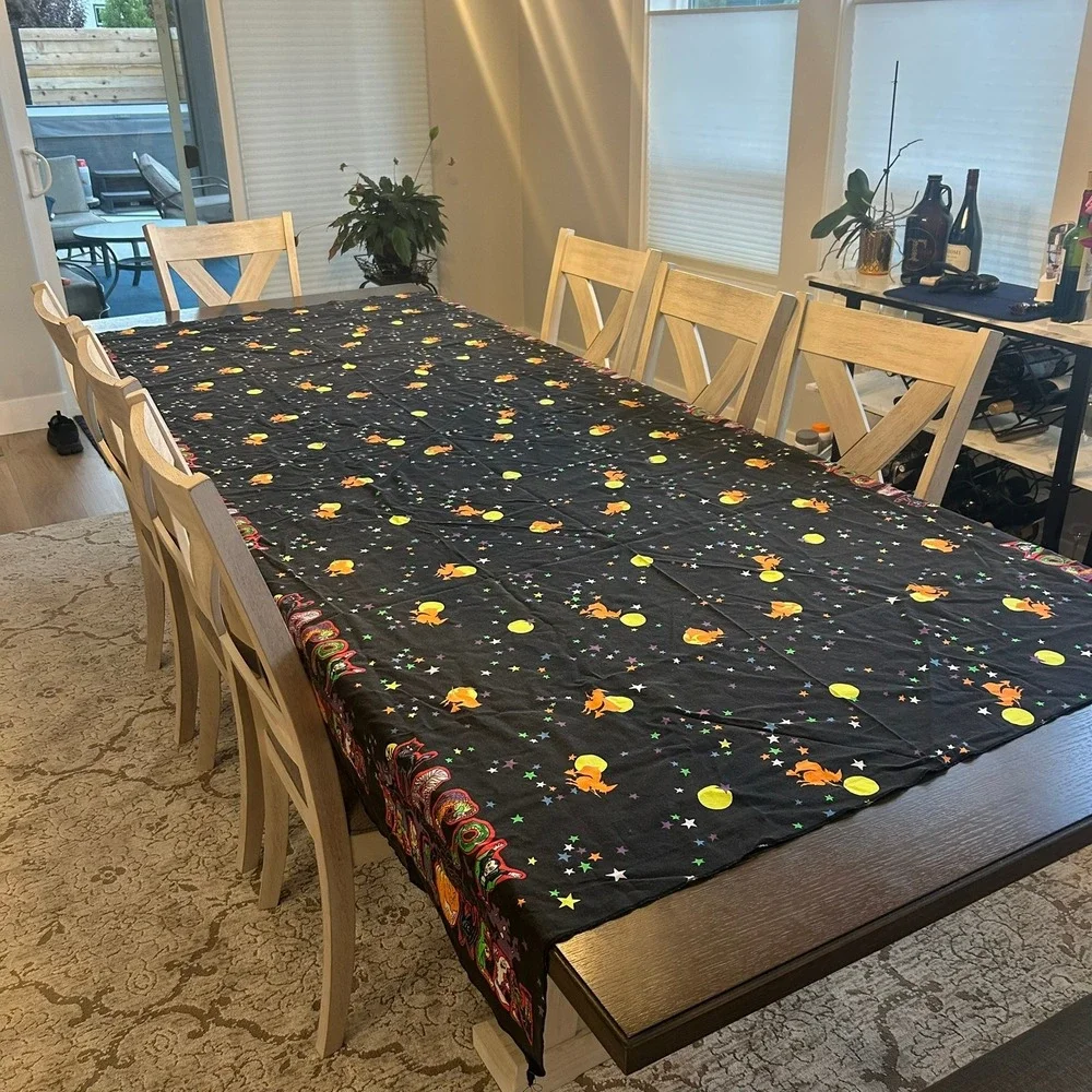 Vintage Happy Halloween Tablecloth Black Stars Monsters 101x51 Spooky Decor